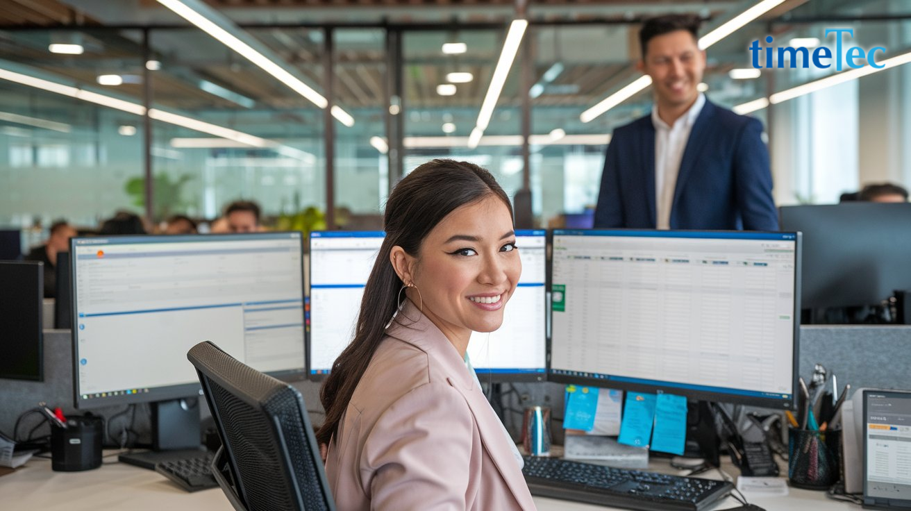 Smiling HR manager working at her desk in a modern office, managing employee leave with system.