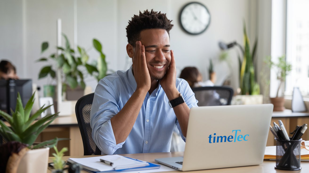 Happy employee working on a laptop in a modern office environment, feeling satisfied and engaged.