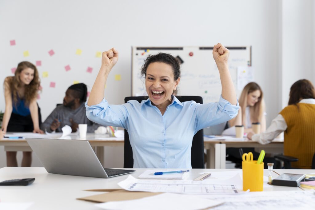 medium shot of a woman being happy for having a streamlined system