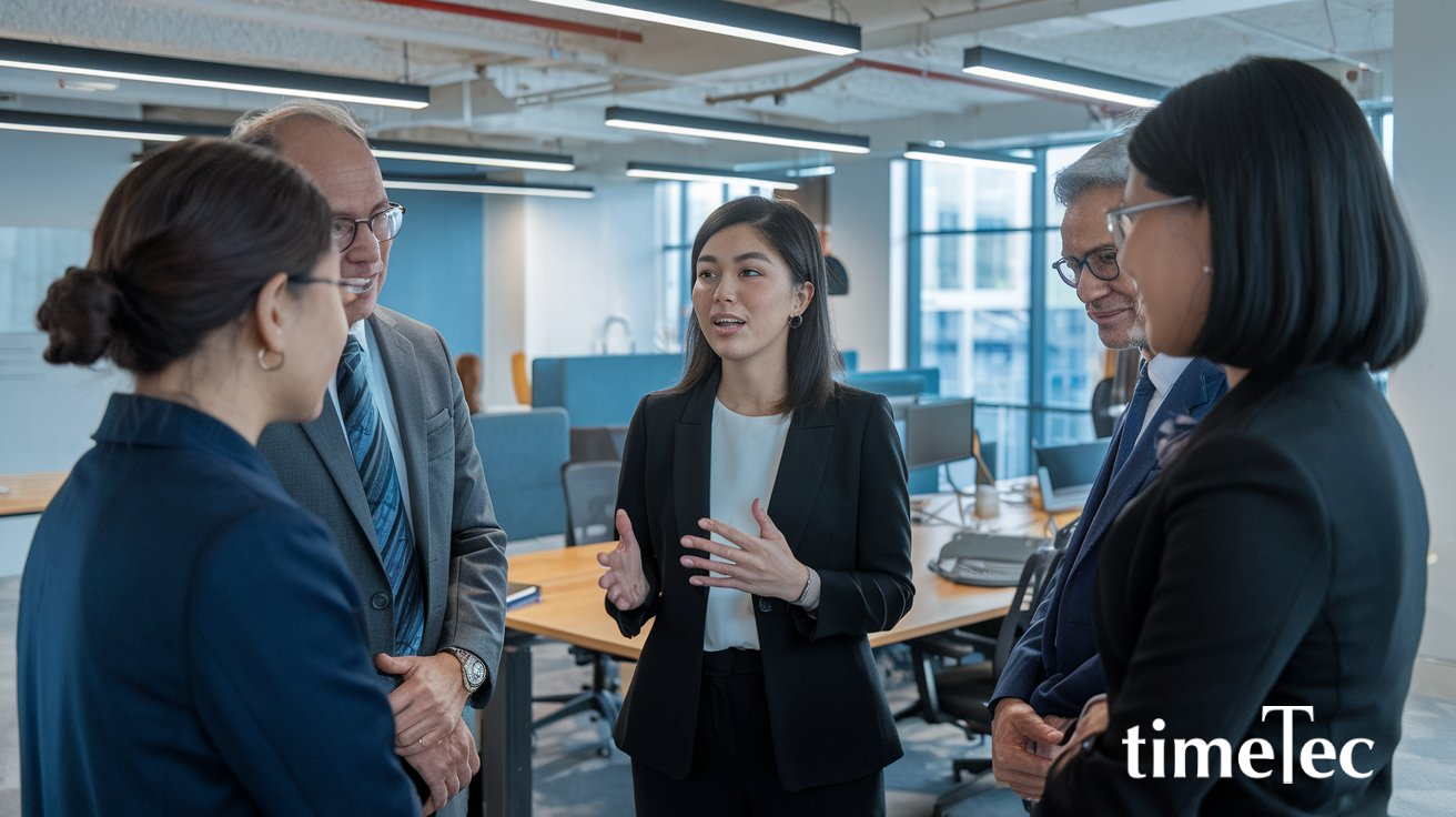 Malaysian business persons discussing payroll compliance with a diverse group of professionals in a modern office setting