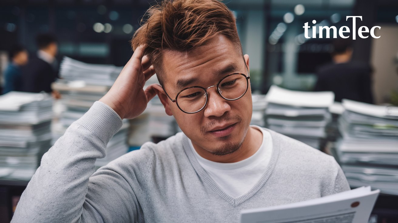 Confused businessman reviewing documents in an office with stacks of paperwork.