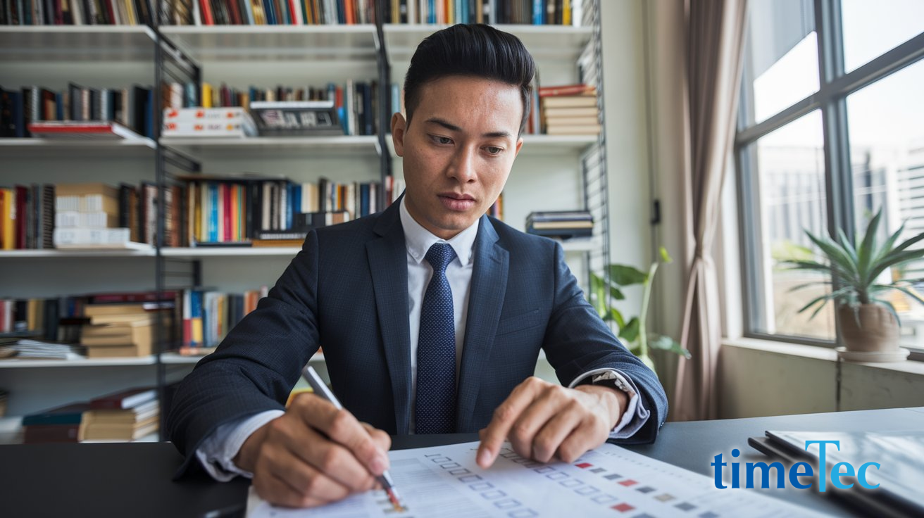 A businessman in a suit checking a document with boxes, seated in a well-organized office.