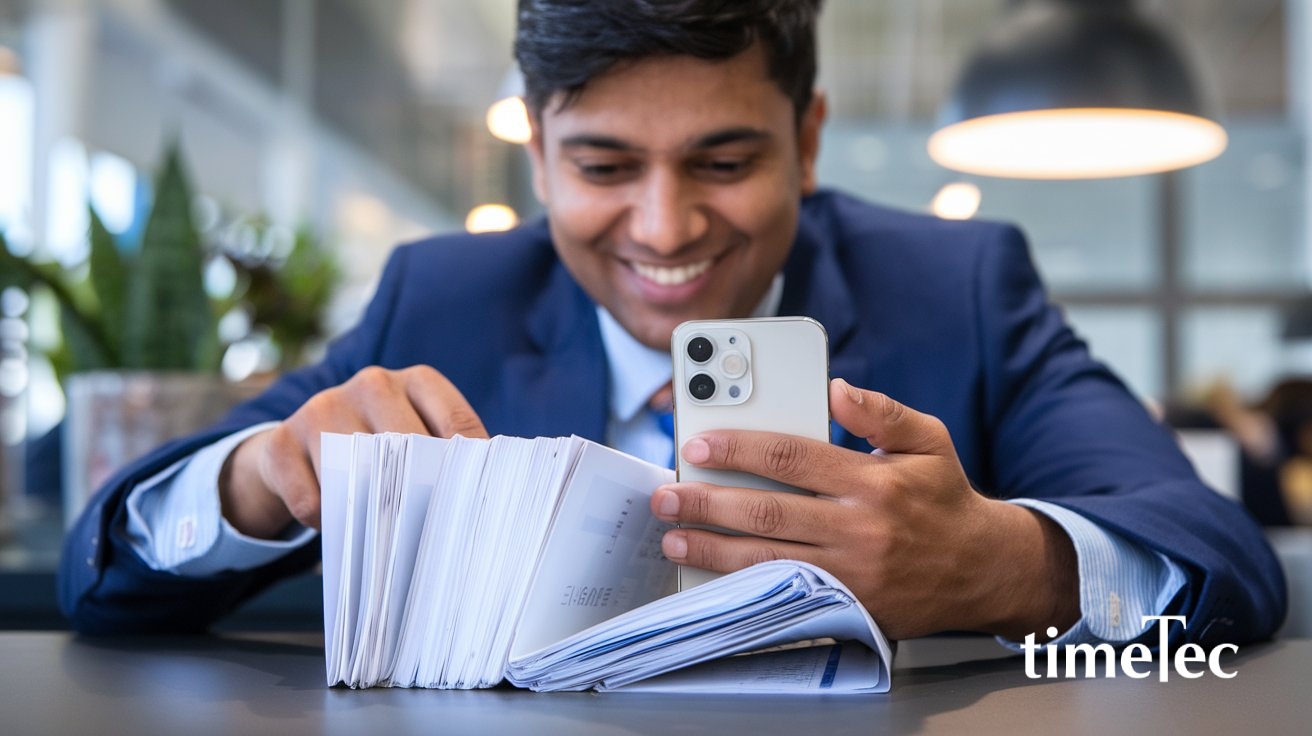 Smiling employee capturing a photo of documents with a smartphone for efficient claims management