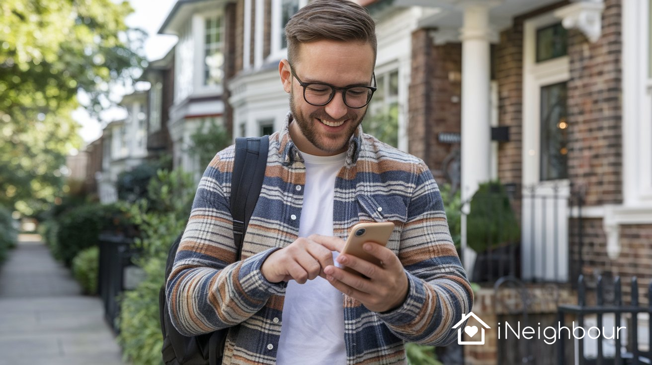 Man using a smartphone to check visitor passes for his residential community.