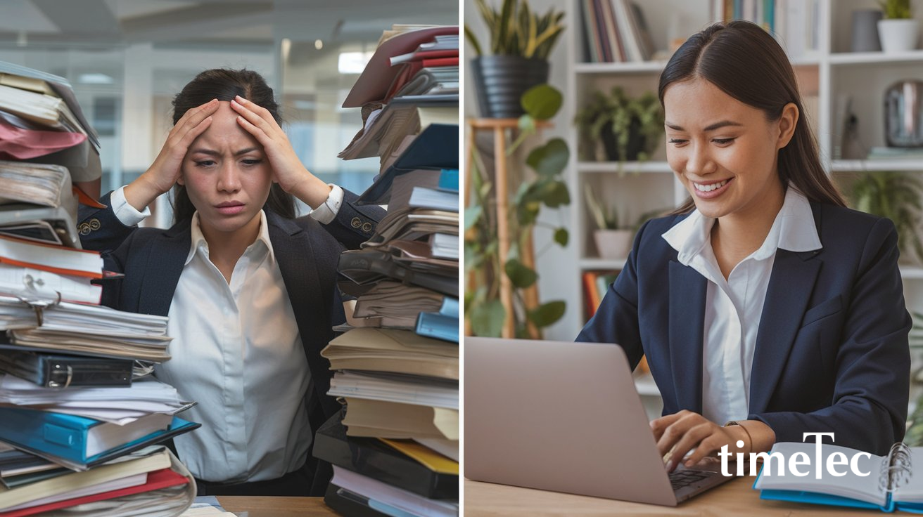 Simplifying Claims with Digital Solutions: A stressed employee surrounded by paperwork versus a relaxed employee using a laptop.