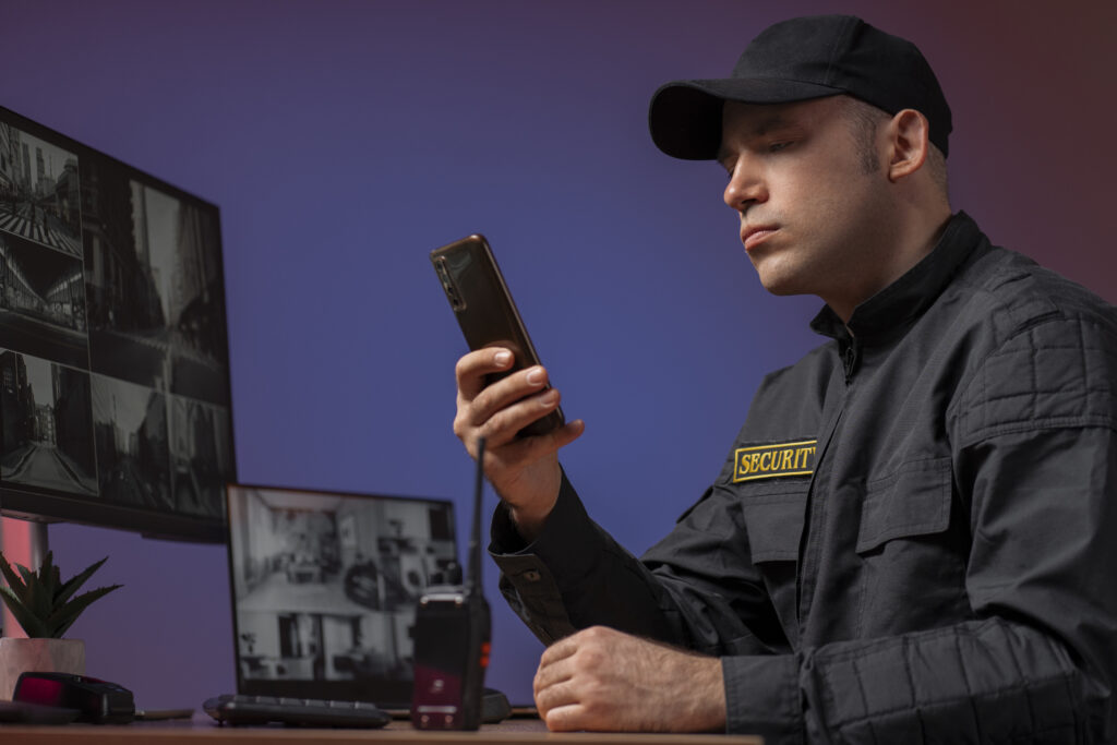 Security guard reviewing visitor details on a smartphone with a surveillance setup in the background.