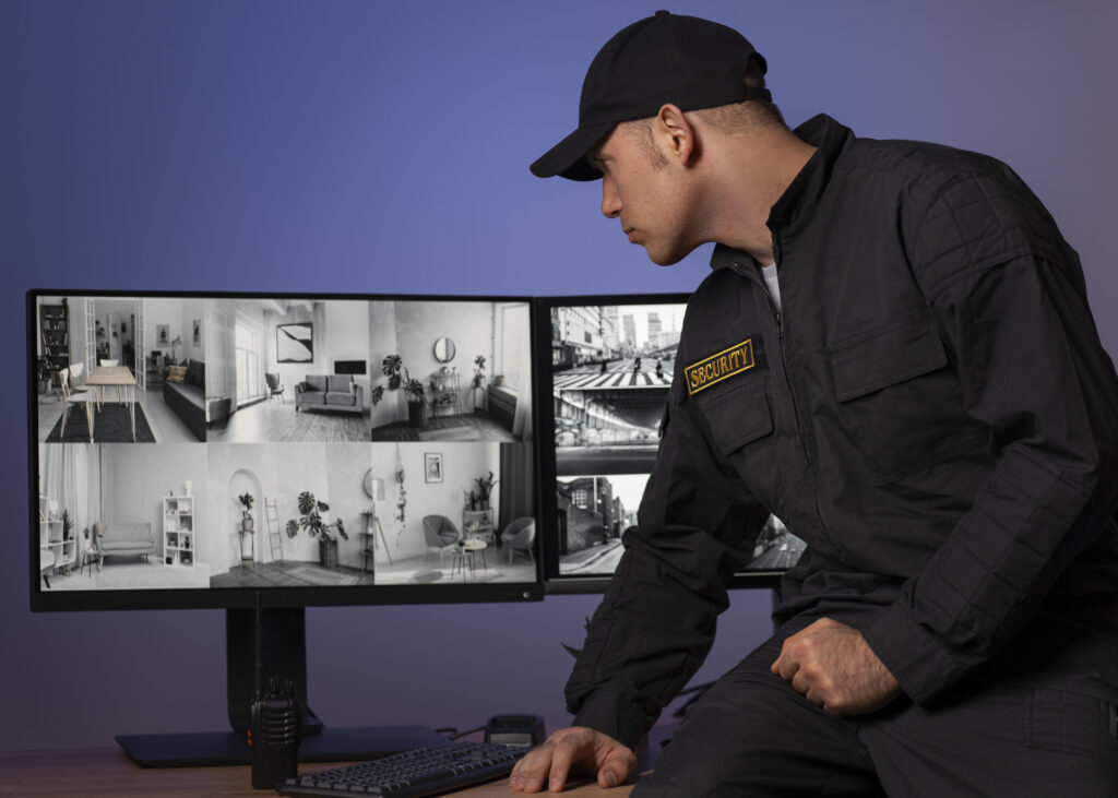 Security guard monitoring surveillance cameras in a control room.