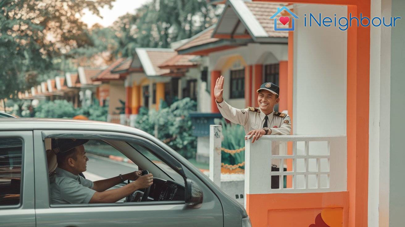 Smiling Malaysian guard at a guardhouse waving at a car entering the residential area.