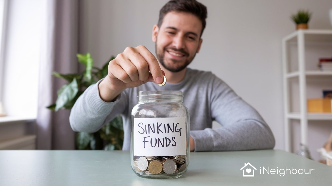 Man adding coins to a jar labeled "Sinking Funds" at a table.