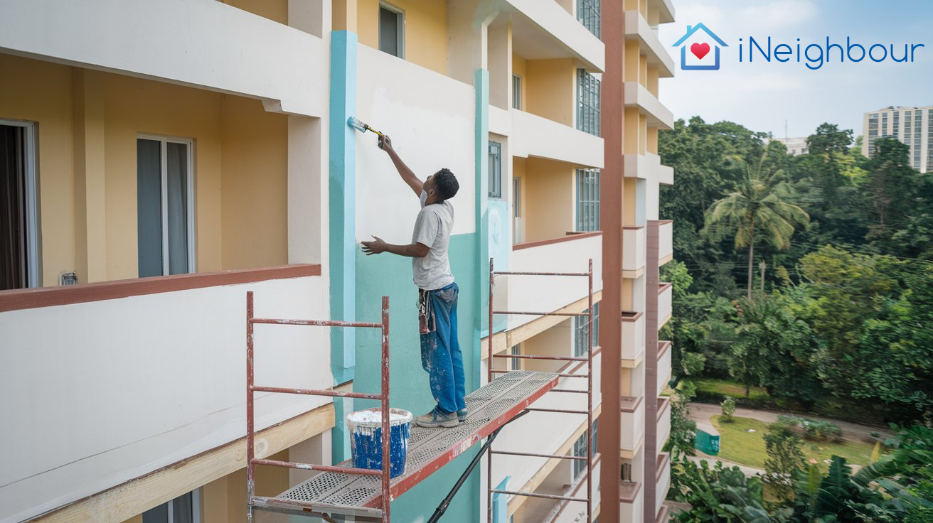 A painter applying a fresh coat of paint on the exterior walls of a residential building.