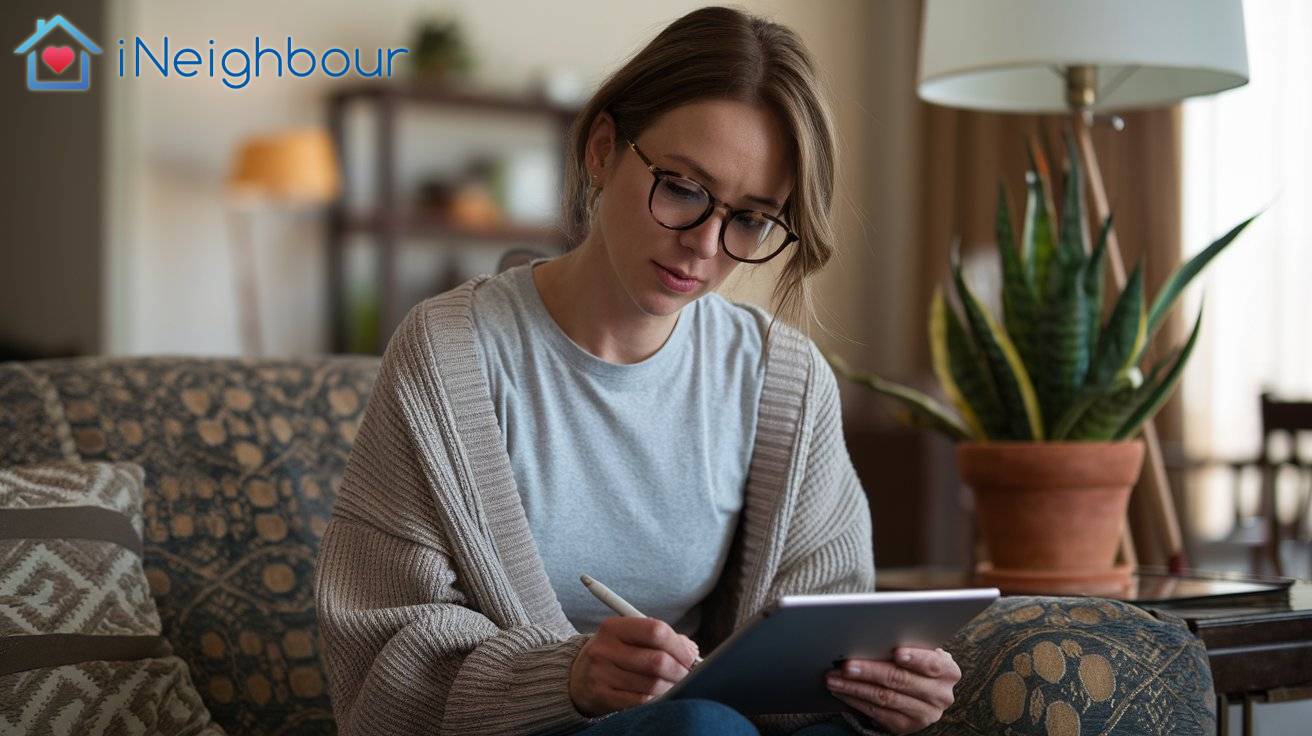 Woman signing a digital form on a tablet, showcasing the efficiency of E-Forms in Residential Management.