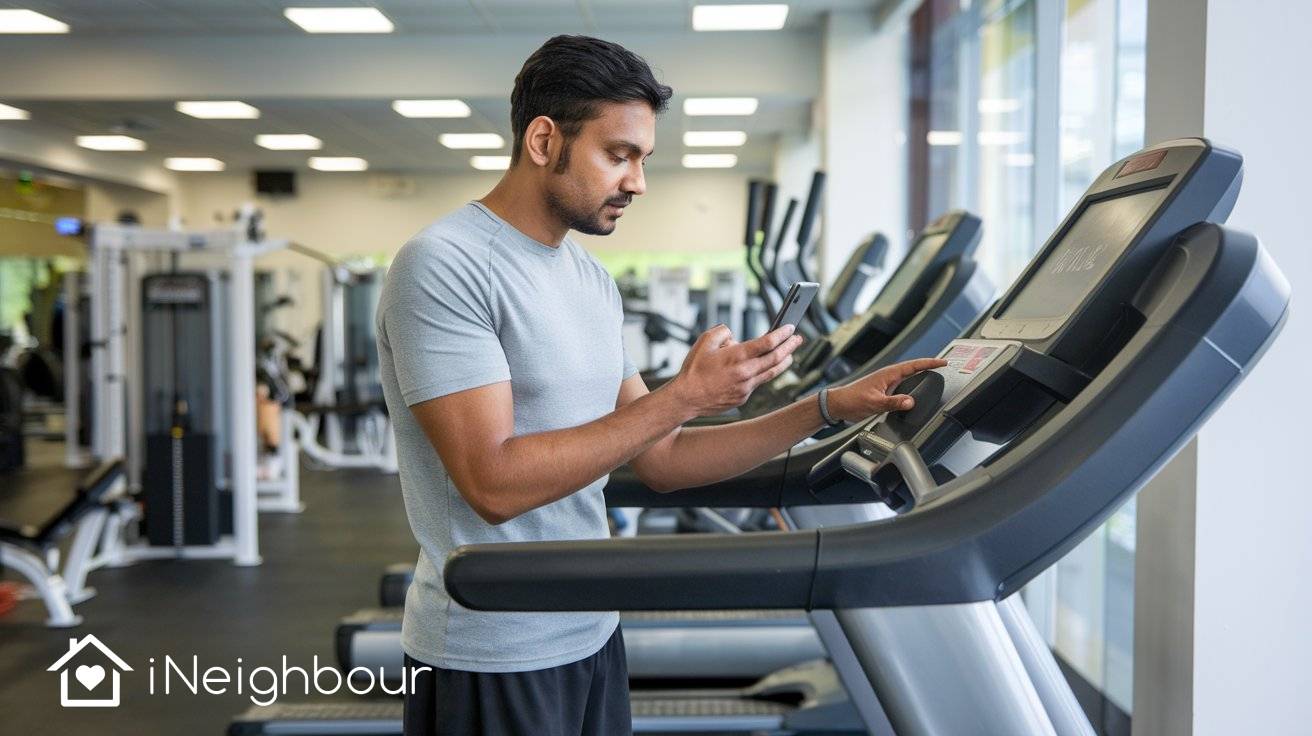 Man using smartphone on a treadmill in a gym.