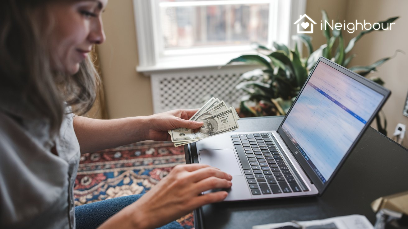 Woman managing Residential Monthly Payment Management on a laptop while holding cash.