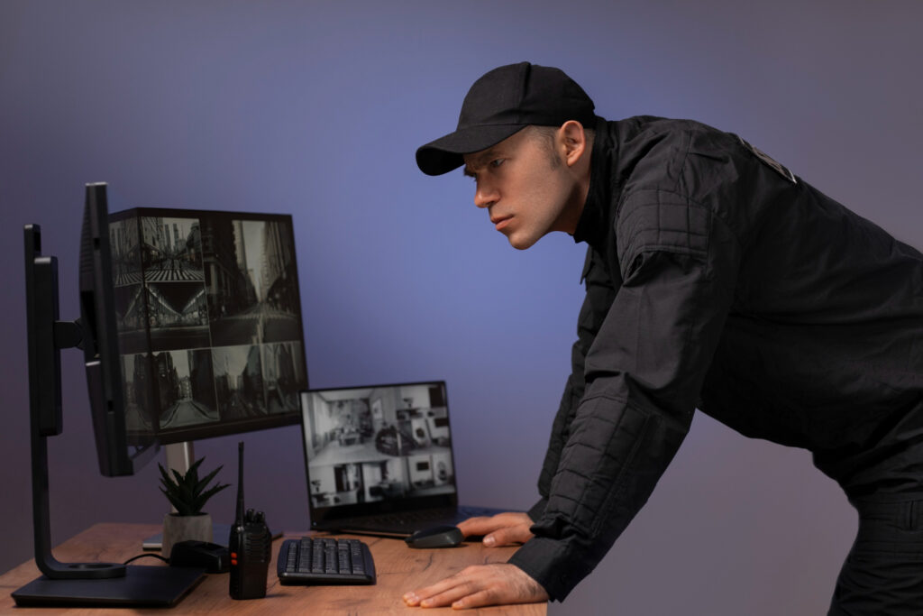 A security officer monitoring live surveillance footage, illustrating the impact of OCR in Visitor Management for real-time tracking.