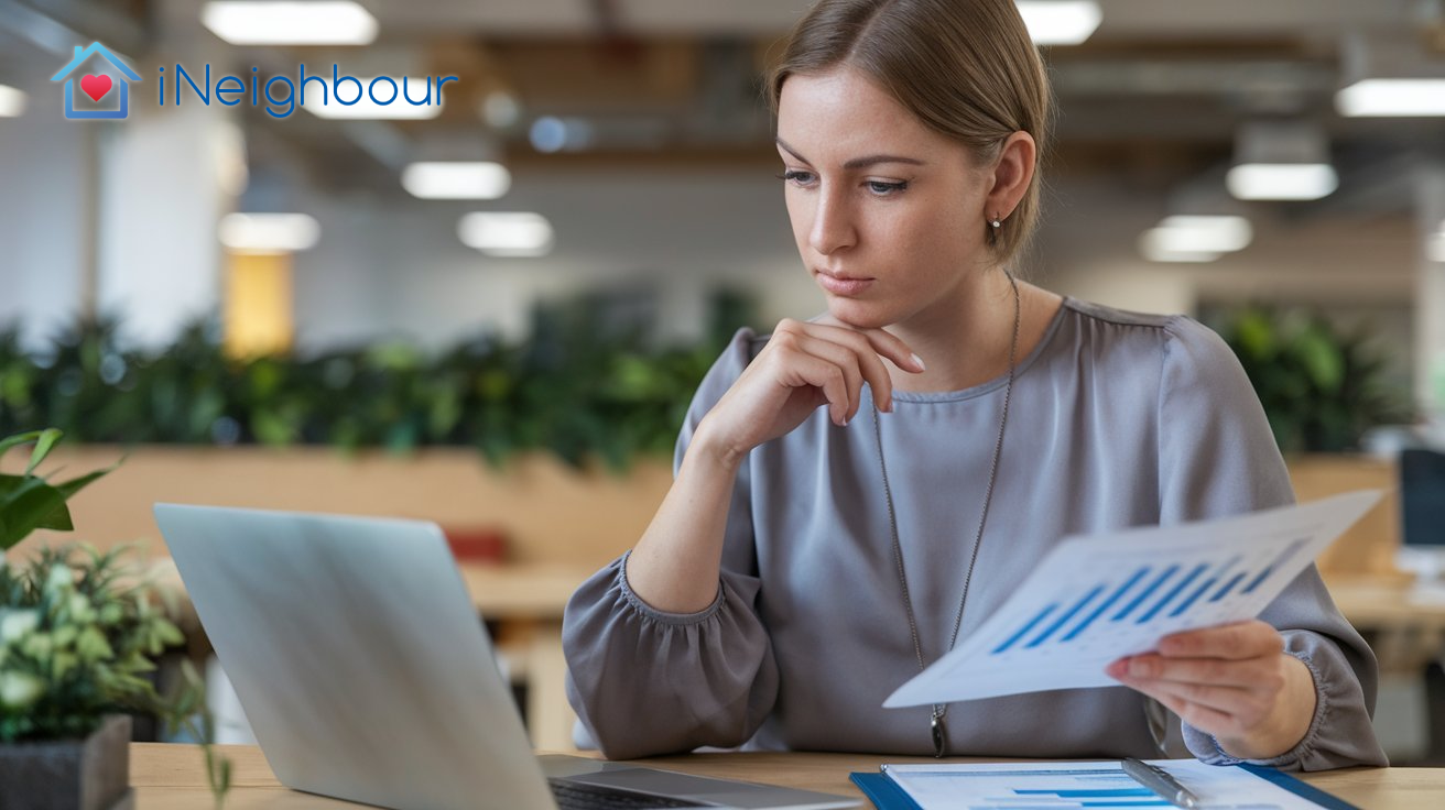 A woman analyzing financial data on her laptop while holding a financial report, representing Financial Reporting in Residential Areas.