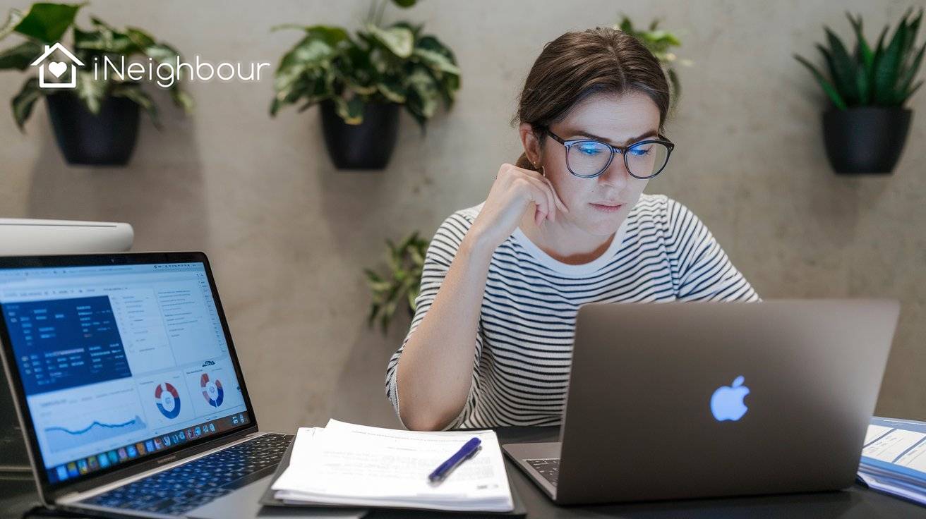 A focused woman working on her laptop in an office setting, representing data analytics in residential management.